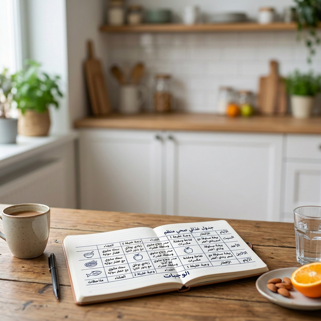 Woman writing a weekly meal plan in Arabic with meal details and dates